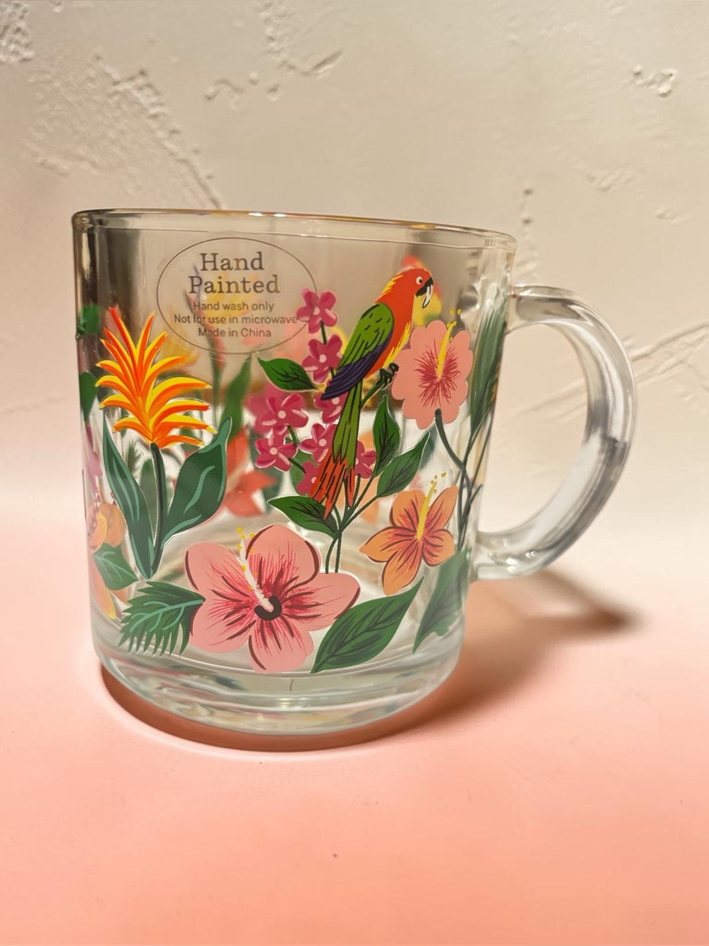 Hand Painted Floral Parrot Glass Mug - Stunning! Excellent condition